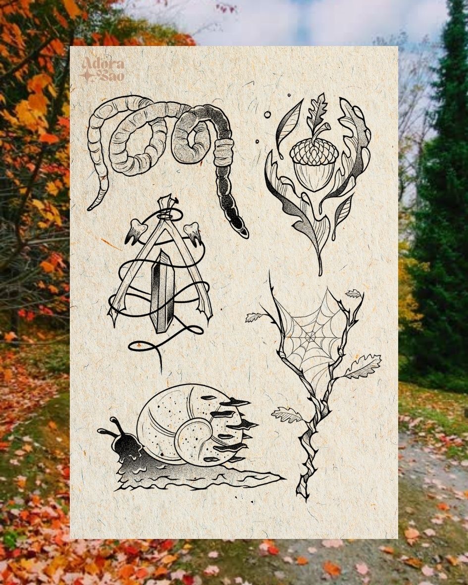Autumn Equinox tattoo flash sheet with acorn, leaves, ram horns, sword, spiderweb, and snail – Adora Bao Studio, Tattoo Detroit