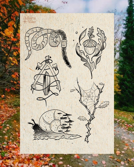 Autumn Equinox tattoo flash sheet with acorn, leaves, ram horns, sword, spiderweb, and snail – Adora Bao Studio, Tattoo Detroit