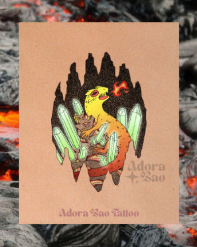 Tattoo design of a dragon with crystals on a beige background, featuring 'Adora Sao Tattoo' branding.